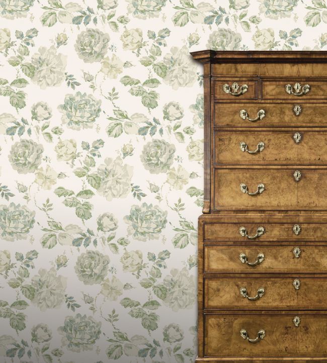 Roses Glacees Room Wallpaper - Green